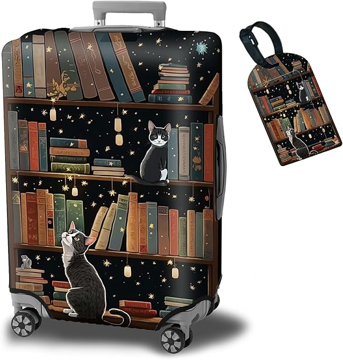 Luggage Cover + Tag, Cat Library Travel Suitcase Protector by BWEGRHE