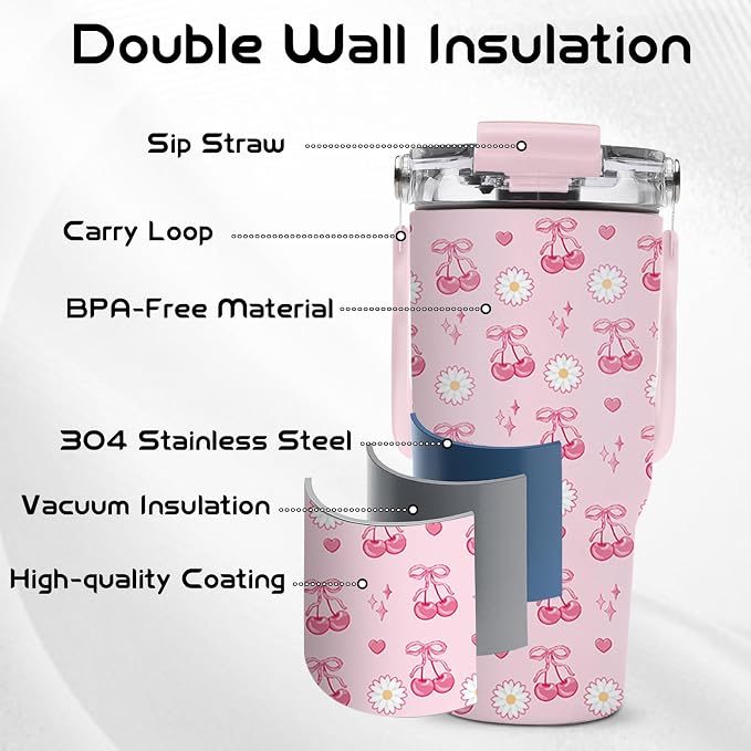 20oz Cherry Tumblers - Pink Cherry Tumbler with Straw Handle, Leak-proof, BPA-free, Double Wall Insulated, Pink Gifts Cup for Girls, Insulated Coffee Tumbler Bows Stainless Steel Cup for Women Kids - Image 5