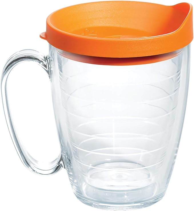 Tervis Clear & Colorful Lidded Made in USA Double Walled Insulated Tumbler Travel Cup Keeps Drinks Cold & Hot, 16oz Mug, Orange Lid by TervisTumblerCompany
