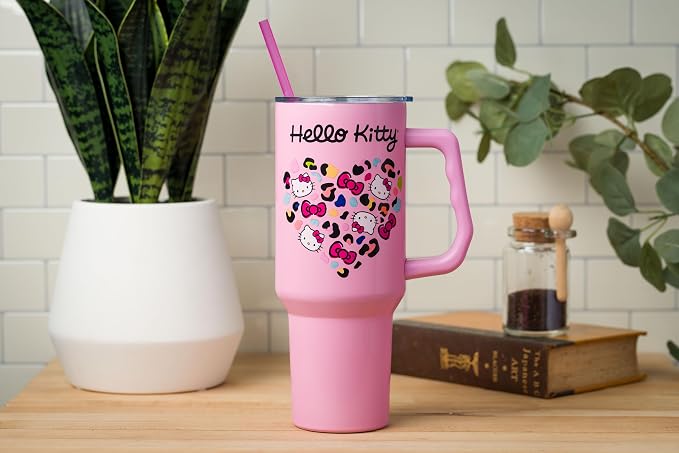 Silver Buffalo Sanrio Hello Kitty Leopard Jungle Cat Print and Bows Heart Double Walled Stainless Steel Tumbler with Handle and Straw, Fits in Standard Cup Holder, 40 Ounces - Image 6
