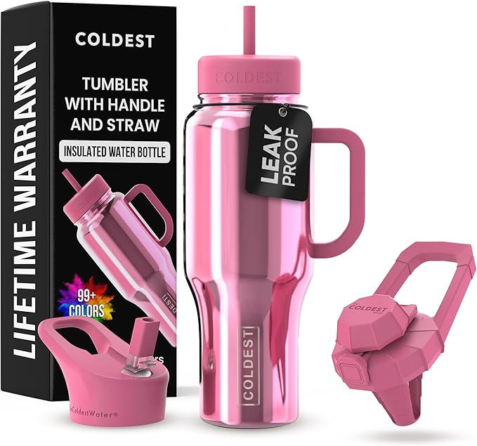 Coldest Tumbler with Handle and Straw - 100% Spill Proof Tumbler with Straw (3 Lids) - Stainless Steel Insulated Leakproof Tumblers for Women & Men - 36 oz (Pink Reflections) by Coldest