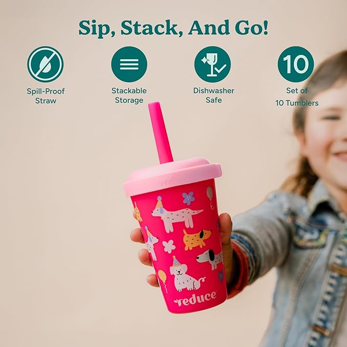 REDUCE GoGo's Kids Portable Tumbler Cups with Lids and Spill-Proof Straws - 10 Pack of Stackable 12 oz Tumblers with Twist-On Lids - Easy Storage, Dishwasher Safe - Play Date - Image 2