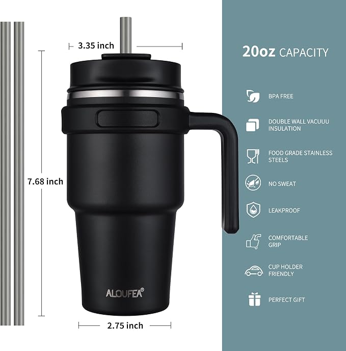 ALOUFEA 20 oz Insulated Coffee Mug Tumbler with Handle, Stainless Steel Travel Mug Tumbler with Lid and Straw,Double Wall Vacuum Leak Proof Ice Coffee Thermal Cup, Black - Image 2