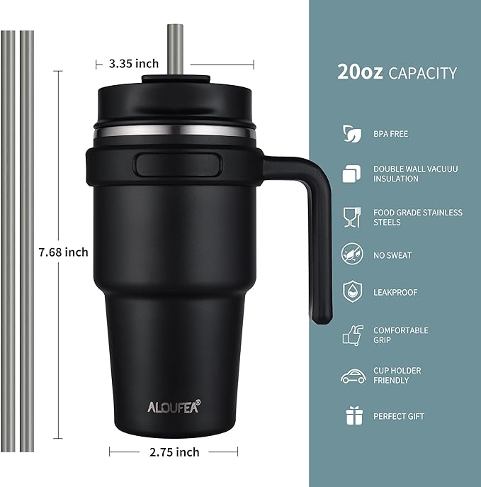 ALOUFEA 20 oz Insulated Coffee Mug Tumbler with Handle, Stainless Steel Travel Mug Tumbler with Lid and Straw, Double Wall Vacuum Leak Proof Ice Coffee Thermal Cup, Plum - Image 2