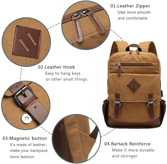Canvas Backpack for Men Women, Vintage Rucksack Fits Most 15.6 Inch Laptop - Image 3