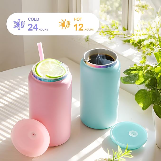 6 Pack Glass Cups with Lids and Straws Unbreakable 16 oz Stainless Steel Can Cup Double Wall Insulated Beer Can Tumbler for Iced Coffee, Juice, Soda, Matte-Colored - Image 3