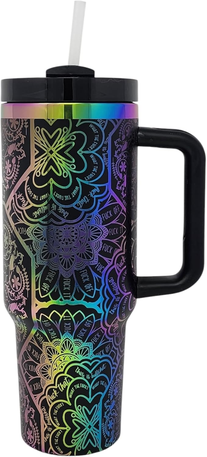 Hidden Cuss Word Tumbler 40oz Laser Engraved Funny Nurse Gift Swear Tumbler with Lid and Straw, Multicolor, Gag Gift Hidden Curse Words Stainless Steel Travel Mug (Black with Rainbow Underlay) - Image 5
