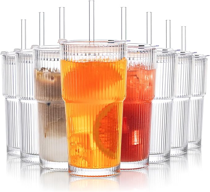 INSETLAN 8-Piece Glassware Set – 20 oz Ribbed Glass Tumblers with Lids and Glass Straws, Heavy-Duty Tumblers, Ideal for Iced Coffee, Smoothies, Cocktails, and Juices – Elegant and Durable Drinkware by INSETLAN