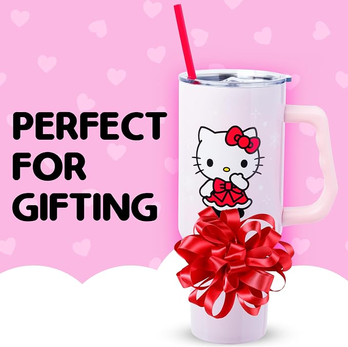 Silver Buffalo Sanrio Hello Kitty Christmas Holiday Dress and Matching Bow Snowflakes Double Walled Stainless Steel Tumbler with Handle and Straw, Fits in Standard Cup Holder, 40 Ounces - Image 7