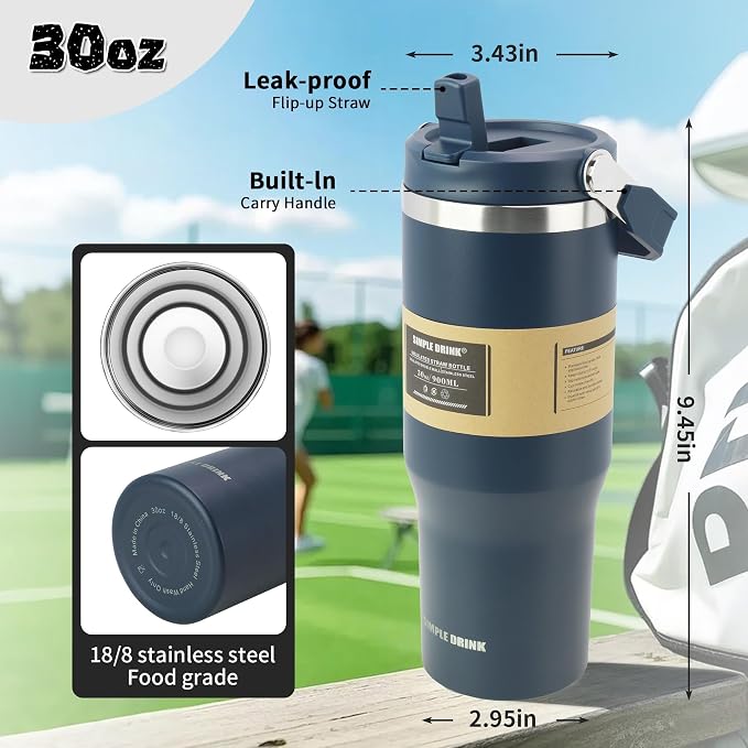 30oz Flip Straw Insulated Water Bottle with Handle, Leak Proof Stainless Steel Tumbler, Double Wall Vacuum Travel Coffee Mug for Cold Drinks, Gym Office Travel Essentials - Image 2
