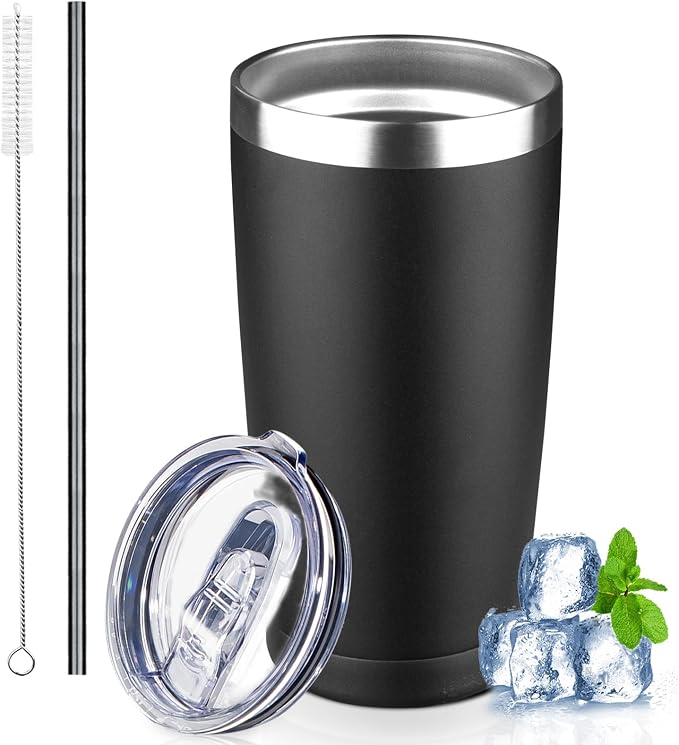 20 oz Tumbler with Lids and Straws, Stainless Steel Insulated Coffee Tumbler, Double Wall Vacuum Insulated Travel Mug Cup, Leakproof Thermal Coffee Cup for Hot and Cold Drinks (black) by GUDEMAO