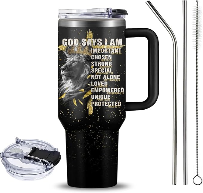 Christian Gifts for Men, 40 oz God Says I Am Lion Tumbler with Handle, Inspirational Religious Birthday Gifts, Lion Christian Gift for Spiritual Catholic Faith Jesus Bible God Prayer Cup - Image 3