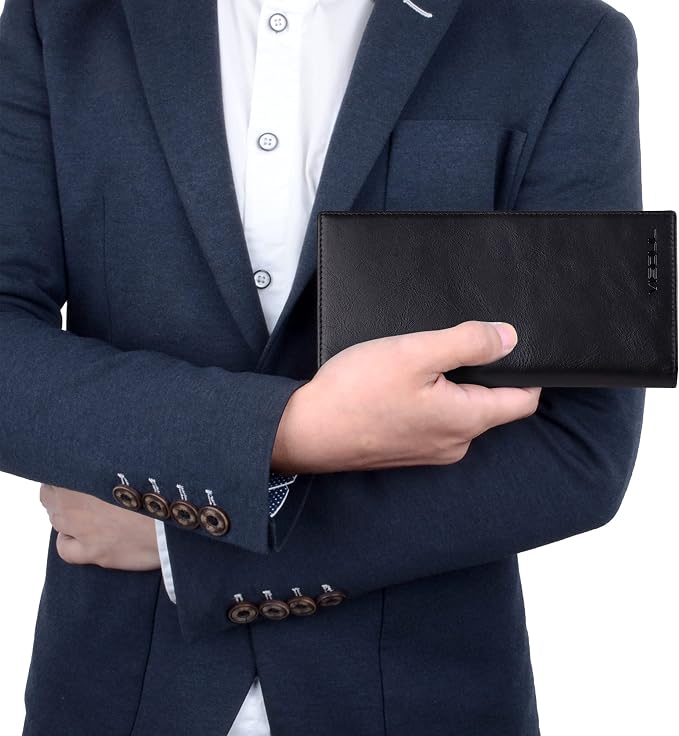 VISOUL Mens Leather Long Bi-fold Checkbook RFID Blocking Wallets, Breast Pocket - Image 7