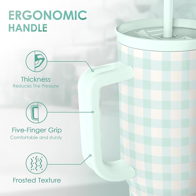 SANDJEST Mint Gingham 40oz Slider Tumbler with Handle and Straw - Insulated Stainless Steel Travel Coffee Mug for Women Girls, Gift for Birthday, Christmas - Image 3