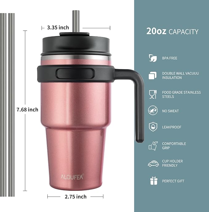 ALOUFEA 20 oz Insulated Coffee Mug Tumbler with Handle, Stainless Steel Travel Mug Tumbler with Lid and Straw,Double Wall Vacuum Leak Proof Ice Coffee Thermal Cup, Rose Gold - Image 2