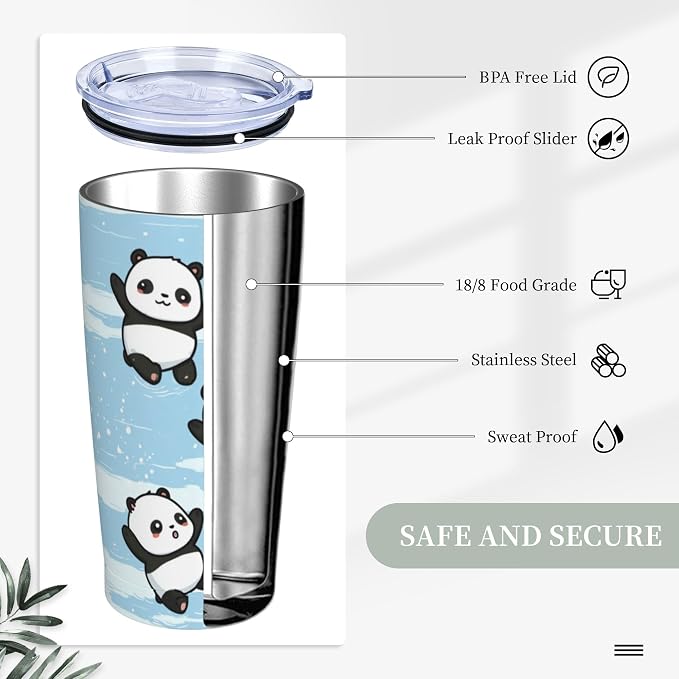 Panda Tumbler with Lid and Straw 20oz Vacuum Insulated Coffee Cup Stainless Steel Tumblers Leakproof Travel Mug Present for Women Men - Image 3