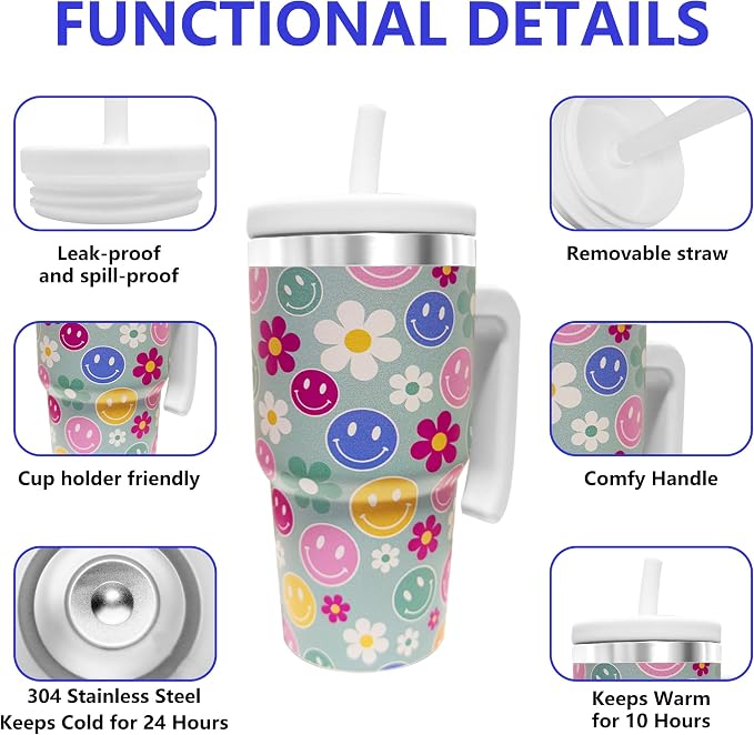2PCS 20-OZ Insulated Water Bottle,Insulated Stainless Steel Tumbler,Reusable Cold Drink Thermos,BPA-Free, Double-Wall Stainless Steel Water Bottle (Green-Simleyface Flowers, 20, Fluid Ounces) - Image 3