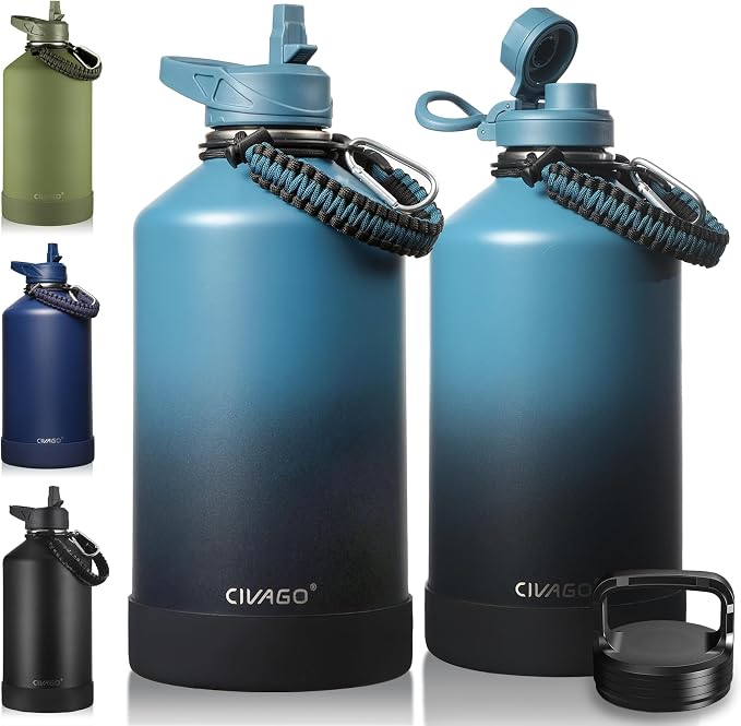 CIVAGO Gallon Insulated Water Bottle Jug with Straw, 128 oz Large Stainless Steel Water Flask, Big Metal Thermal Mug with 3 Lids for Sports, Travel, Gym, and Camping, Indigo Black by CIVAGO