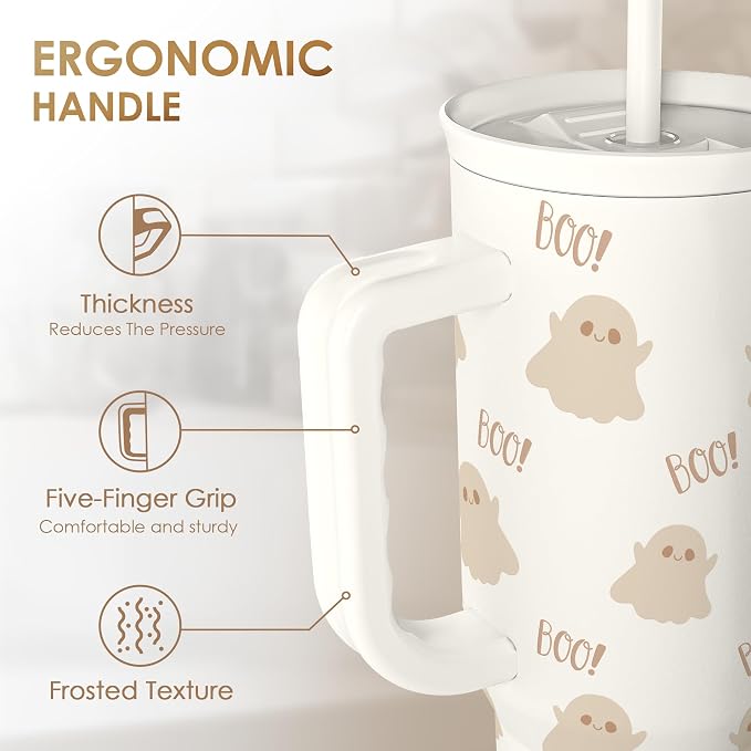 SANDJEST Boo Tumbler with Handle and Straw 40oz – Stainless Sleel Slider Tumbler Travel Coffee Mug for Women - Gift Idea for Fall Autumn Halloween Christmas - Image 3