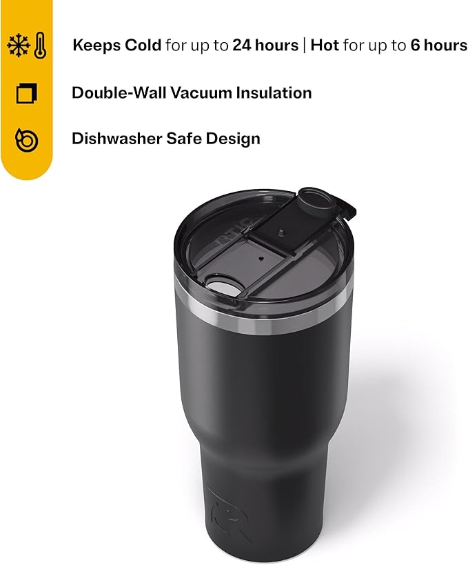 RTIC 40oz Essential Tumbler with Lid, Ceramic Lined, Insulated, Stainless Steel, Metal, Double Wall Vacuum-Insulation, Travel Cup for Iced Coffee, Tea, Hot and Cold Drink, Black - Image 3