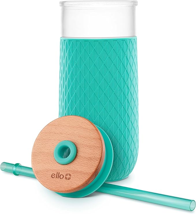 Ello Devon 18oz Glass Tumbler with Straw, Friction Fit Bamboo Wood Lid and Silicone Sleeve | Perfect for Iced Coffee, Tea, and Smoothies - Image 6