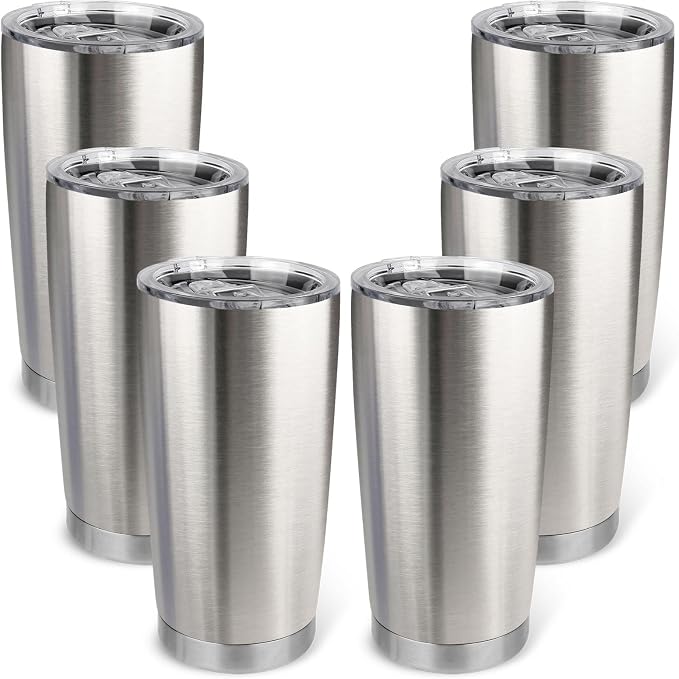 20oz Stainless Steel Tumbler Bulk with Lid, Travel Mug - Double Wall Vacuum Powder Coated Cup - Stainless steel, 6 Pack by Unknown