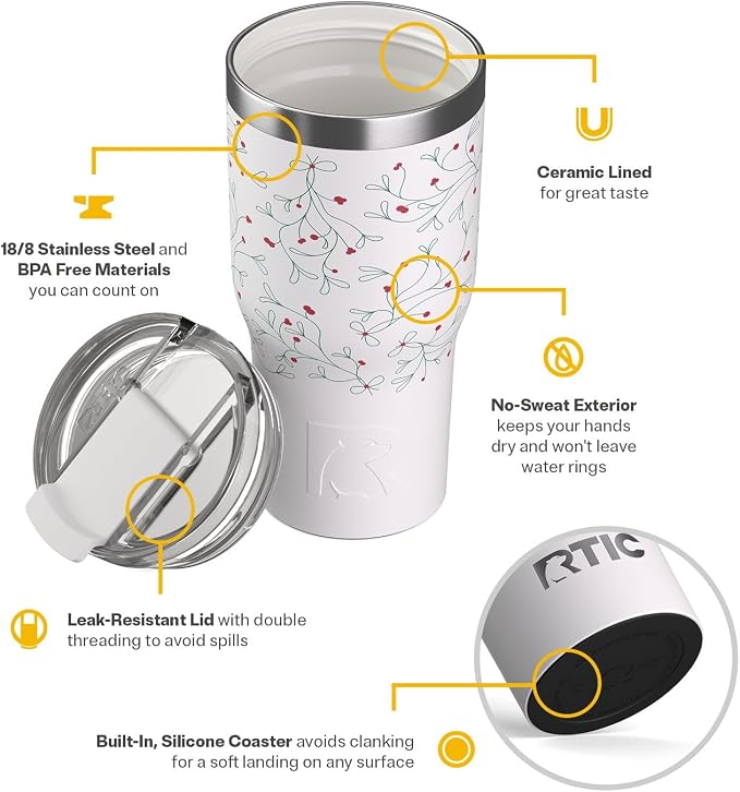RTIC 20oz Essential Tumbler with Lid, Ceramic Lined, Insulated, Stainless Steel, Metal, Double Wall Vacuum-Insulation, Travel Cup for Iced Coffee, Tea, Hot and Cold Drink, Mistletoe - Image 4