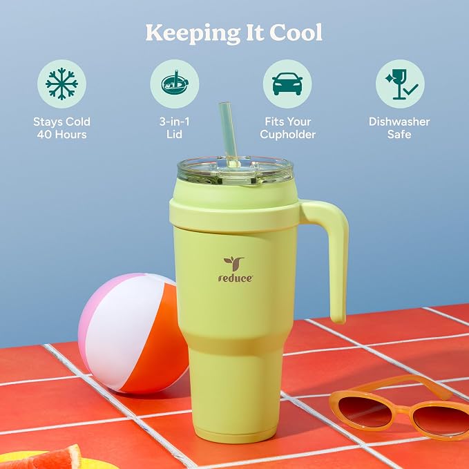 REDUCE 40 oz Stainless Steel Tumbler with Handle - Dual-Wall Vacuum Insulated Travel Mug, Sweat-Proof Lid & Reusable Straw - Keeps Drinks Cold for 24 Hrs, Fits Cupholders, Dishwasher Safe - Mojito - Image 3