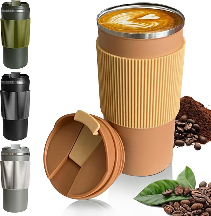 YINBAOGE Upgraded Insulated Travel Coffee Mug, Spill Proof & Leak Proof, Portable Camping Stainless Steel Tumbler, Reusable Thermal Coffee Cup with Lid for Hot & Cold Drinks (4th-khaki, 15OZ) by YINBAOGE