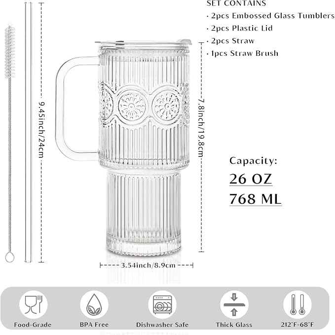 INSETLAN 26oz Ribbed & Floral Glass Tumblers with Handle and Lid, Set of 2 –Reusable Iced Coffee Cups with Straw, Glass Mugs for Water, Smoothies, Tea, and Juice – Ideal for Travel & Daily Use - Image 2