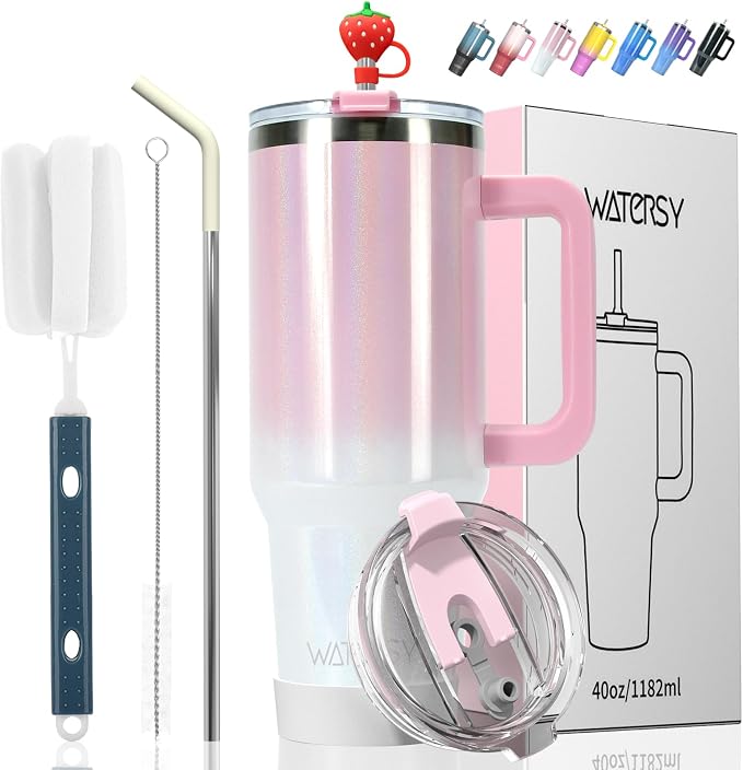 30 oz Shiny Tumbler with Handle and Straw,Stainless Steel Tumbler with Lid and Straw,Insulated Travel Mug(Cold for 34 Hours),Water Bottle for Iced Tea,Coffee (Pink) by Watersy