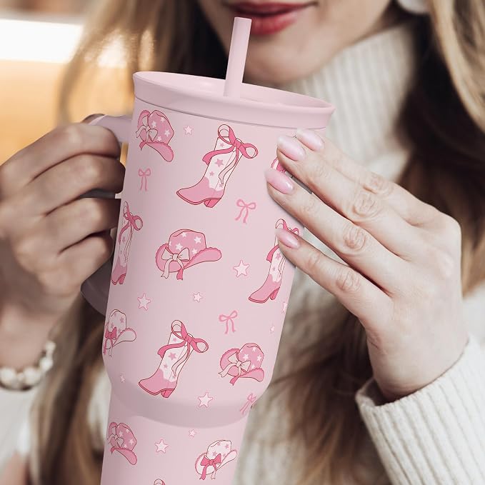 Cowgirl 40oz Slider Tumbler with Handle and Straw - Insulated Stainless Steel Travel Coffee Mug for Women Girls, Gift for Birthday, Christmas - Image 6