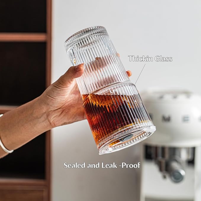 INSETLAN 8-Piece Glassware Set – 20 oz Ribbed Glass Tumblers with Lids and Glass Straws, Heavy-Duty Tumblers, Ideal for Iced Coffee, Smoothies, Cocktails, and Juices – Elegant and Durable Drinkware - Image 5