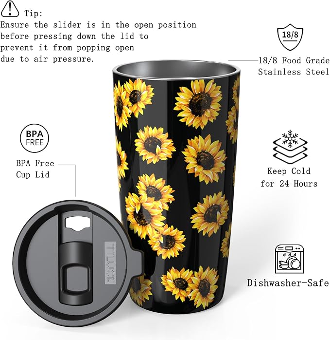 TILUCK 20 oz Insulated Tumbler with BPA-Free Lid, Stainless Steel Vacuum Travel Coffee Mug, Double Wall Coffee Tumbler for Cold Drinks（20oz，Sunflower） - Image 2