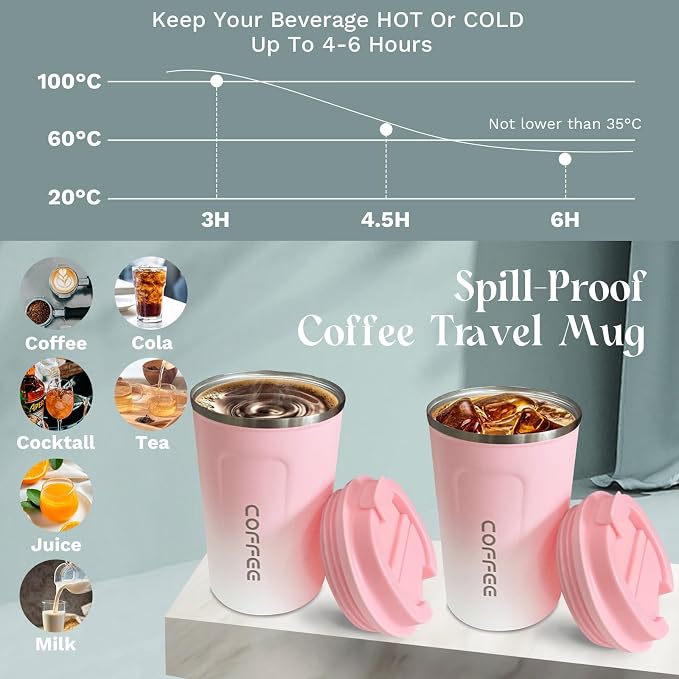 YINBAOGE Insulated Travel Coffee Mug, Spill & Leak Proof, Portable To Go Camping Stainless Steel Coffee Tumbler, Reusable Thermal Coffee Cup with Lid for Hot & Cold Drinks (2nd-Pink White, 12 OZ) - Image 3