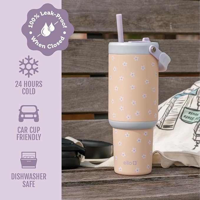 Ello Oasis Go+ 32oz Tumbler with Top Handle and Retracting Straw | Reusable Insulated Stainless Steel Cup, 100% Leakproof Water Bottle, 24 Hours Cold, Cup Holder Friendly For Travel | Daisies - Image 4