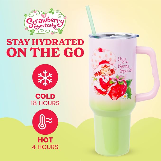 Silver Buffalo Strawberry Shortcake You Are Berry Special Vintage Pink and Green Ombre Double Walled Stainless Steel Tumbler with Handle and Straw, Fits in Standard Cup Holder, 40 Ounces - Image 2