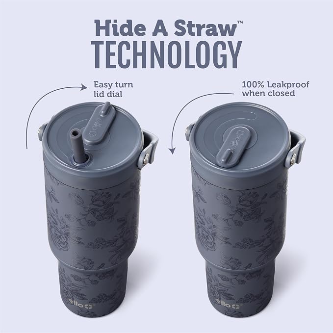 Ello Oasis Go+ 26oz Tumbler with Top Handle and Retracting Straw | Reusable Insulated Stainless Steel Cup, 100% Leakproof Water Bottle, 24 Hours Cold, Cup Holder Friendly For Travel | Rose Navy - Image 2