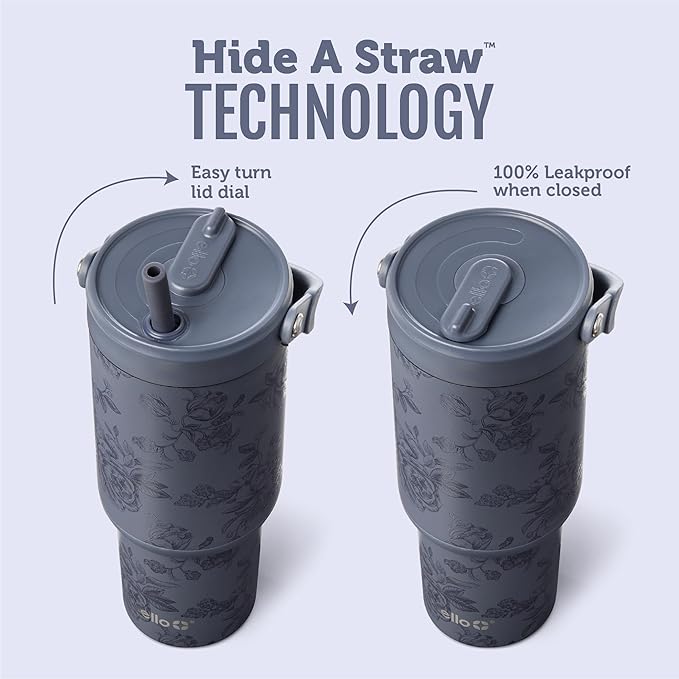 Ello Oasis Go+ 32oz Tumbler with Top Handle and Retracting Straw | Reusable Insulated Stainless Cup, 100% Leakproof Water Bottle, 24 Hours Cold, Cup Holder Friendly For Travel | Porcelain Rose Navy - Image 2