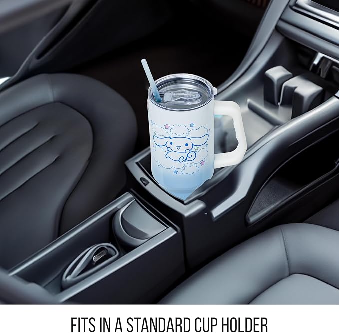 Silver Buffalo Sanrio Hello Kitty and Friends Featuring Cinnamoroll in Stars and Clouds Double Walled Stainless Steel Tumbler with Handle and Straw, Fits in Standard Cup Holder, 40 Ounces - Image 6