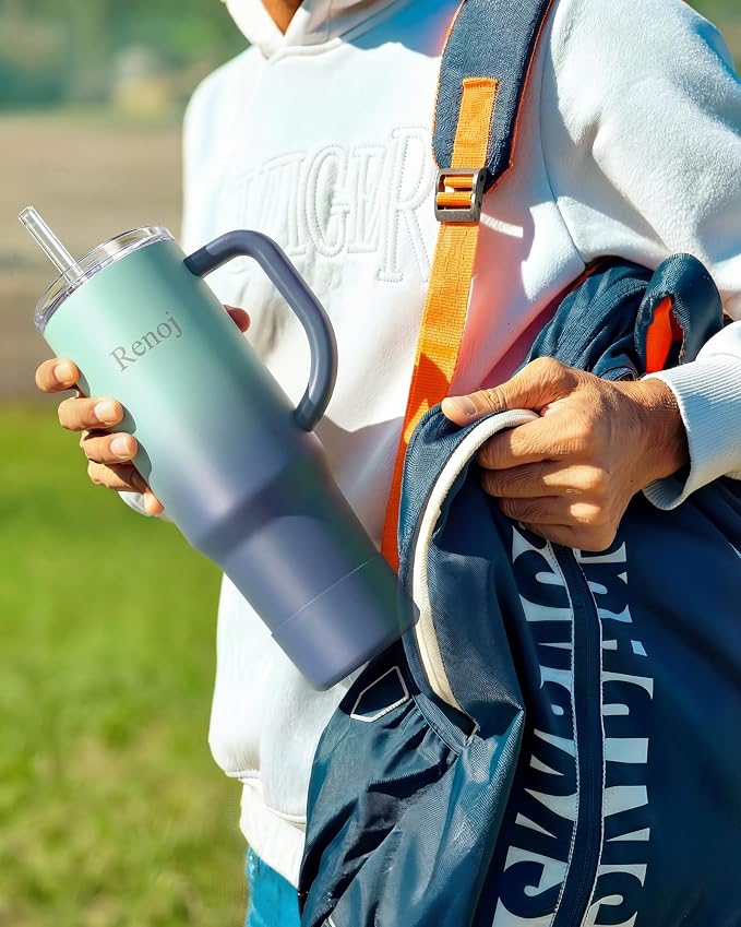 Renoj Insulated Mug 100% Spill Resistant Insulated Water Bottle for Iced Coffee & Hot Drinks - Fits Car Cup Holder, Ideal Gift, 2 Straws & Silicone Boot - FlexSlide Blue Gradient 32 oz - Image 3