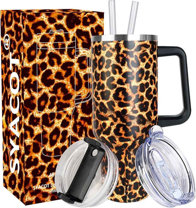 SYACOT 40 oz Tumbler with Handle and Straw Stainless Steel Insulated Tumbler Leak Proof Lid and Straw Lid Reusable Travel Mug Coffee Mug Cup Dishwasher Safe Keep Drinks Cold and Hot (Leopard) by SYACOT