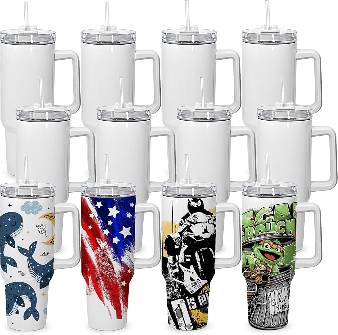 sweet grain 40 oz Sublimation Tumbler with Handle and Straw(12 Pack) Stainless Steel Double Wall Vacuum Insulated Travel Mug Cup Tumblers Bulk Sublimation Blank - White by sweetgrain