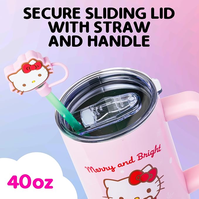 Silver Buffalo Sanrio Hello Kitty Christmas Holiday Sweater Merry and Bright Double Walled Stainless Steel Tumbler with Handle, Straw, and Straw Cap, Fits in Standard Cup Holder, 40 Ounces - Image 3