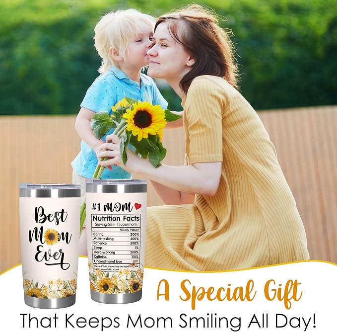 TEEZWONDER Mothers Day Gifts for Mom from Daughter Son - #1 Nutrition Facts Sunflower Stainless Steel Insulated Coffee Tumbler with Lid 20 oz - Birthday Gifts for Mama Grandma Women - Image 7
