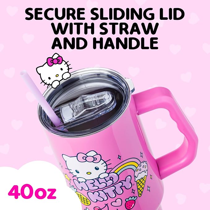 Silver Buffalo Sanrio Hello Kitty Summer Double Walled Stainless Steel Tumbler with Handle, Fits in Standard Cup Holder, 40 Ounces - Image 4