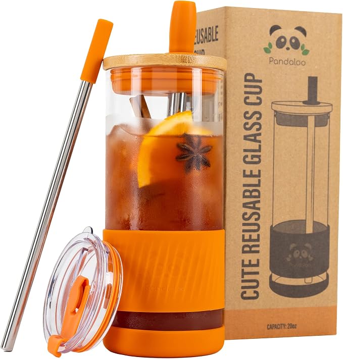 Pandaloo® Glass Cups With Lids and Straws -20 Fl Oz- Perfect Size Iced Coffee Cup - Smoothie Cup With Bamboo Lid and On the go Lid - Glass Tumbler With Straw (1 Count (Pack of 1), Autumn Gold) by Pandaloo