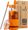 Pandaloo® Glass Cups With Lids and Straws -20 Fl Oz- Perfect Size Iced Coffee Cup - Smoothie Cup With Bamboo Lid and On the go Lid - Glass Tumbler With Straw (1 Count (Pack of 1), Autumn Gold) by Pandaloo