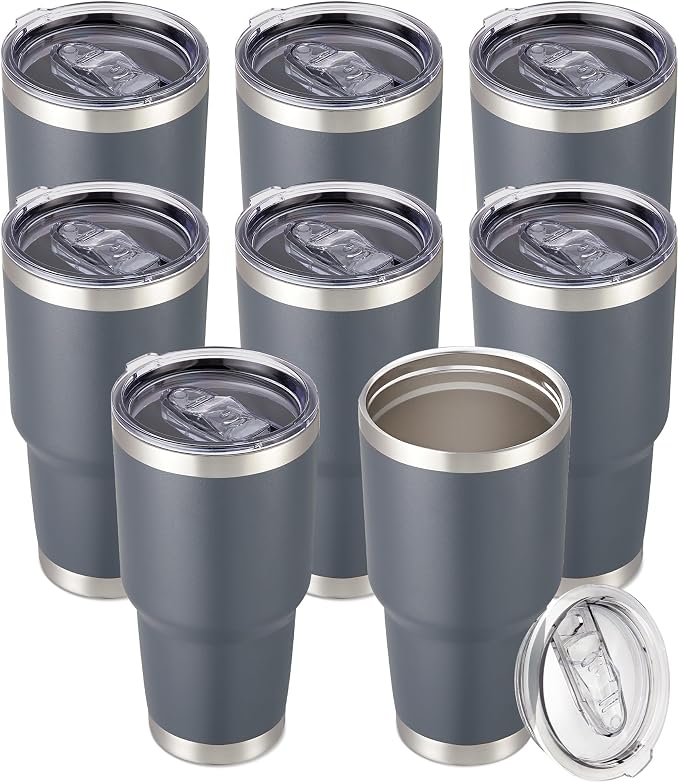 30 oz Tumbler with Lid Stainless Steel Tumblers Bulk Vacuum Insulated Cup Reusable Powder Coated Travel Mug Double Wall Leak Proof Cups Keep Cold Drinks for 12 Hours Gray, Set of 8 by CoolYoleb