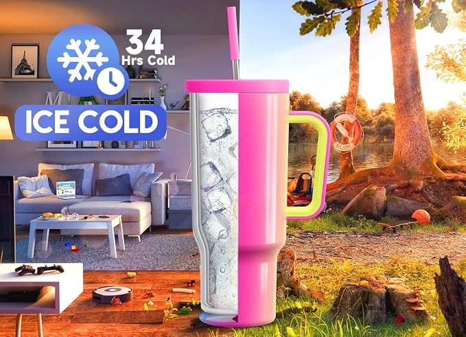 Meoky 40oz Tumbler with Handle, Leak-proof Lid and Straw, Insulated Coffee Mug Stainless Steel Travel Mug, Keeps Cold for 34 Hours or Hot for 10 Hours (Carnival) - Image 2